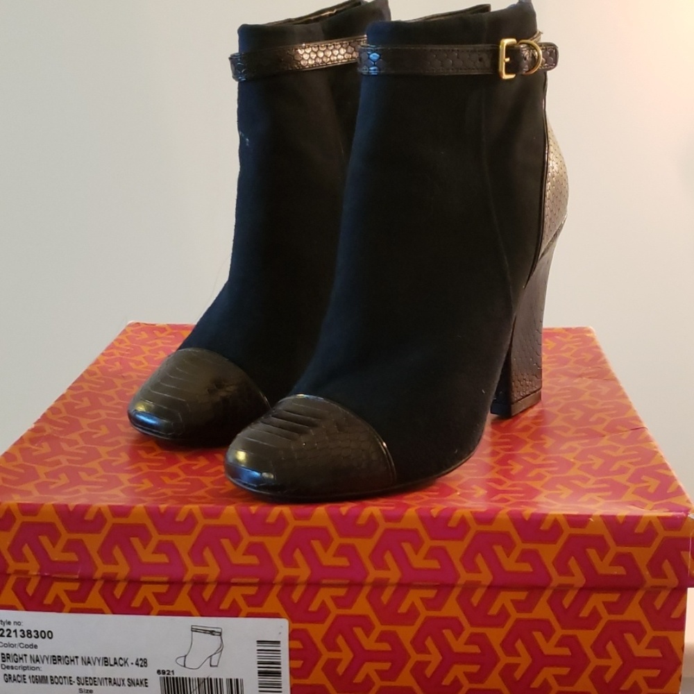 Tory Burch Black Suede & Snake-Embossed Ankle Booties